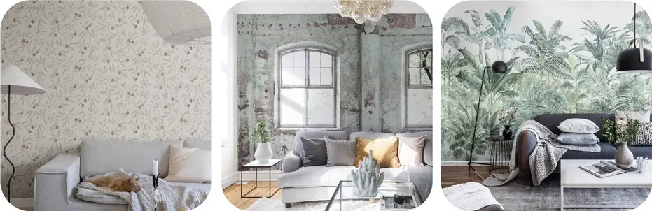 Natural light plays a crucial role in showcasing mural wallpapers for living room.